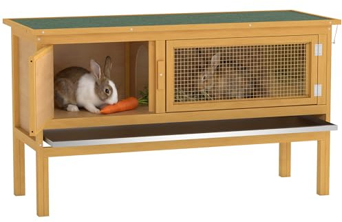 pawhut Wooden Rabbit Hutch Bunny Cage Outdoor Small Animal House w/Hinged Top Slide out Tray 115 x 44.3 x 65 cm