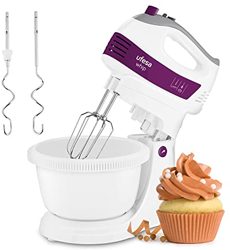 Ufesa BV4655 Elektrisk handmixer med blandningsskål | matberedare – knådmaskin – 400 watt – 2 i 1 funktion | 5 hastighetsinställningar – Turbo | 2 knådningskrokar – 2 visp | mjukt handtag