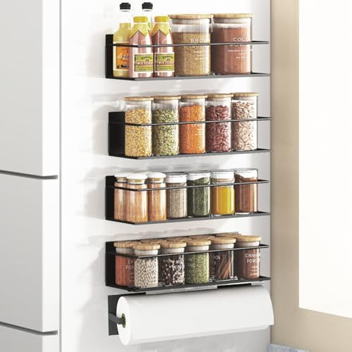 Roysili Magnetic Spice Rack For Refrigerator, Magnetic Fridge Shelf For Kitchen, Magnetic Shelf For Fridge Space Saving Black 4 Pack With Magnetic Paper Towel Holder