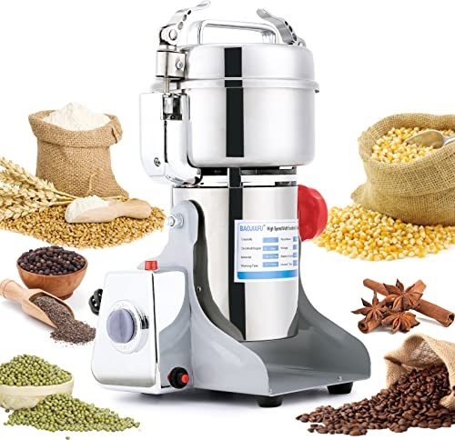 BAOJIAFU Electric Grain Mill Grinder 800g High-speed Grain Spice Herb 1800W Dry Grinding Machine 304 Stainless Steel Superfine powder High-speed Grain Mill 36000r/min for Kitchen Home and Commercial