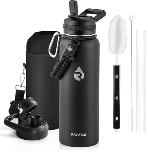 RAYMYLO Insulated Water Bottle 40 oz, Triple Wall Vacuum Stainless Steel (Cold for 36Hrs, Hot for 18Hrs), Leak Proof & Non-BPA, Modern Water Flask Jug with Paracord Handle & Straw Spout Lids