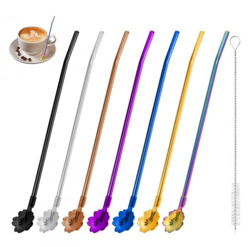 7 Pezzi Cucchiaio con Cannuccia, Cucchiaio di Paglia Riutilizzabile, Cucchiaio Cannuccia, Cucchiaino Cocktail e Cannucce, Acciaio Inossidabile, con Spazzola di Paglia, per Cocktail,Frullati,Bevande