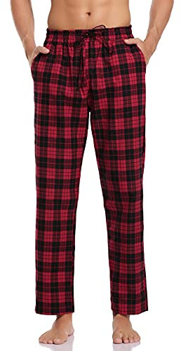 Litherday Schlafanzughose Herren Lang Kariert Pyjamahose 100% Baumwolle Nachtwäsche hose mit 2 Taschen, Rot+schwarz, M