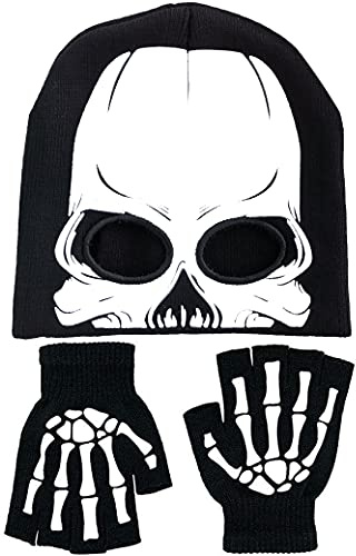 BOMJJOR Fingerless Skeleton Gloves and Skull Maskfor Kids Glow in Dark Unisex Hand Riding Knit Gloves Halloween Black (Glove and beanie)