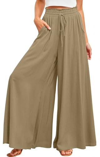ROFUSSO Pantalones de Pierna Ancha para Mujer Pantalones Palazzo Ligeros Pantalones Casual Pantalones de Verano de Cintura Alta Elástica Elegantes Pantalones de Tela de Color Sólido con Bolsillos
