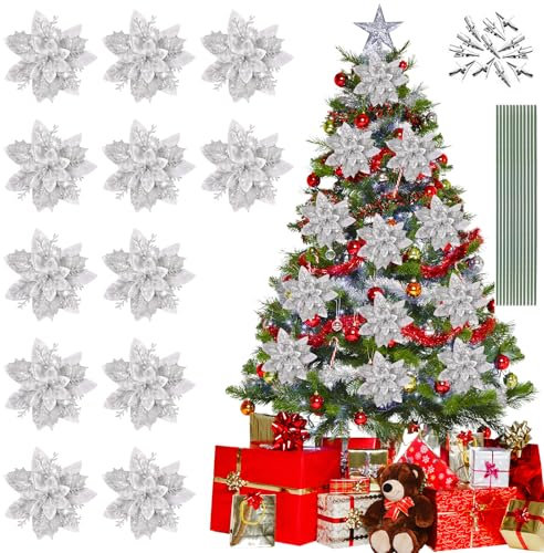 Oenothera 12 Pièce Fleur de Poinsettia de Noël, Glitter Fleurs de Poinsettia de Noël, Noël Décor de Fleurs pour la Décoration de Noël, Mariage, Fête（Argent）