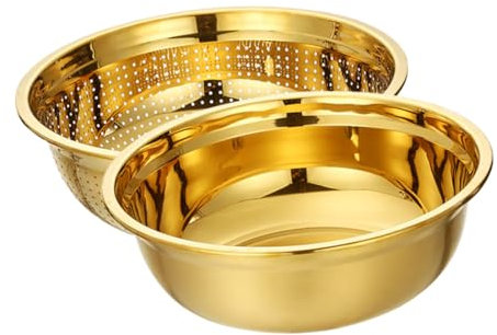 CONGARTENO Juego De Colador De Malla Fina y Taza Para Lavar Arroz 18 Cm Acero Inoxidable Dorado Resistente Uso Cocina Frutas y Verduras 2 Piezas