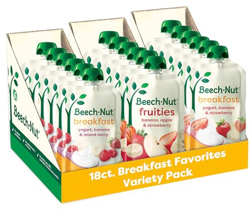 Beech-Nut Toddler Food Breakfast Pouches Variety Pack, NEW Breakfast Favorites Fruit & Yogurt Purees Variety Pack, 3.5 oz (18 Pack)