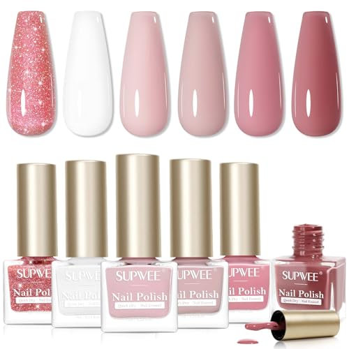 SUPWEE Set di 6 smalti per unghie, ad asciugatura rapida, trasparente, con brillantini, per unghie naturali, atossici, a base di olio, per manicure fai da te, a casa