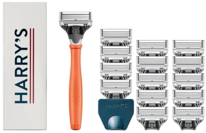Harry's Original Shaving Kit for Men - Razor Handle, 15 Razor Blade Refills, and Travel Blade Cover - German Engineered - Orange