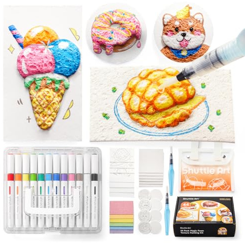 Shuttle Art 44 teiliges Magic Puffy Paint Set, Schaum Textur Malset für Kinder mit 28 Schaumstoff Textur Malpapier, 12 Acrylstifte wasserfest, 3d Schaumstoff Malset für Schaumtextur Malerei