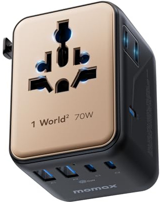 MOMAX Universal Travel Adapter,70W GaN Charing with UK/EU/AU/US Plugs, Mini Travel Plug Adapter UK To European Plug Adaptor 3USB-C & 2USB-A, Adapter Plug for Tablets Phone Watch,Gold