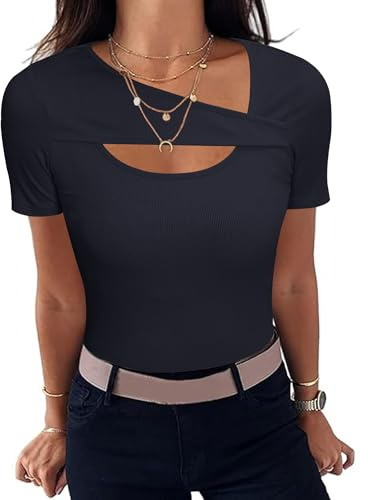 Aottori T-Shirt Donna Estive a Maniche Corte Maglietta Sexy con Scollo Asimmetrico Basic Shirt Aderente Elasticizzato Top a Coste Tinta Unita Blu Scuro S