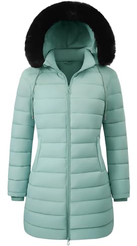 RITOSTA Women's Long Winter Coats Fleece Lined Ladies Quilted Jacket Zip up Puffer Coat Water Repellent Padded Jackets Warm Casual Outdoor Thicken Parka with Faux Fur Removable Hood(Green,XXL)