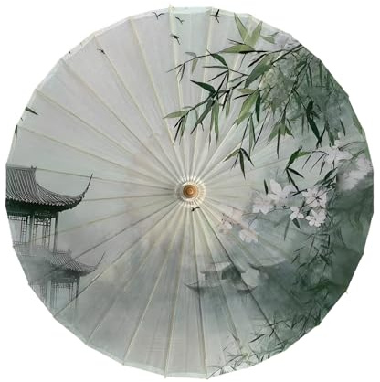 Odot Paper Parasol Umbrella, Chinese Bamboo Oil Paper Japanese Umbrella Wooden Handle Classical Peony Painting for Costumes Party Wedding Dancing Props Photography Festival (Green 1,Diameter 84cm)