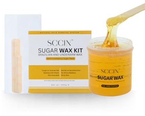 SCCIN Natural Sugar Wax Hair Removal Kit 450G with 20 Washable Strips and 4 Wooden Spatulas. Microwavable Depilatory Wax Jar. Hypoallergenic Sensitive Skin. Bikini, Brazilian & Coarse Hair Removal