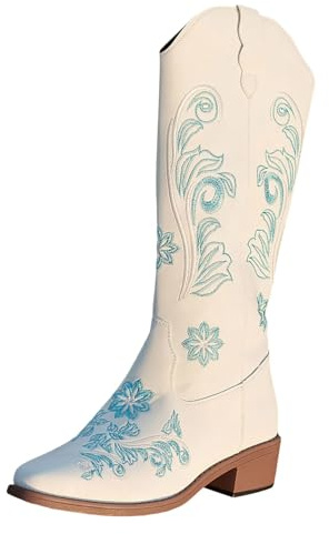Xbemkste Bottes de cowboy pour femme avec talon - Bottes western avec broderies à enfiler - Bottes basses rétro - Bottes longues confortables - Bottes larges pour l'automne et l'hiver, Blanc., 37 EU