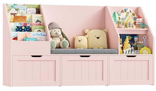 FOREHILL Libreria Montessoriana per Bambini, Porta Giochi Bambini con Cuscini, Libreria Panca a 4 Ripiani, Mobile Porta Giochi a 3 Cassetti con Ruote, per Cameretta, Studio, 140x39.5x80 cm (Rosa)
