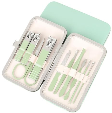 YEJAHY Set di 10 manicure in acciaio inox, per la cura delle unghie, con custodia in pelle verde, tagliaunghie, set da viaggio portatile, per uomini e donne