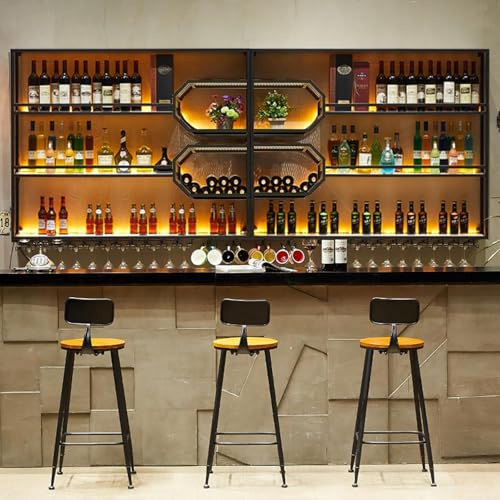 AUSKLEZU Portabottiglie da Parete Grande con Illuminazione LED, Organizzatore Mobile Bar a 3 Ripiani con Portabicchieri, Scaffale per Bottiglie di Vino e Liquori Stile, Arredo Casa (nero, 241CM)