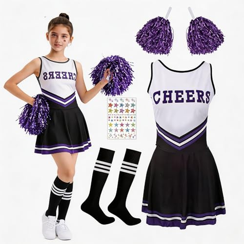 Fancysky Cheerleader kostym barn, cheerleadering outfit, barnkostym, cheerleader med kjol, pompomsstrumpor, 2 klistermärken, cheerleading uniform för karneval, halloween, karneval, cosplay | Pompom Girl Uniform outfit med pompoms cheerleader strumpor och 2 klistermärken, karneval, halloween, cosplay maskerad