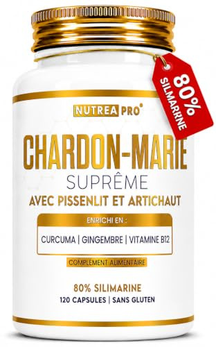 Chardon Marie Extra Fort avec Pissenlit, Artichaut, Curcuma, Gingembre et Vitamine B12| 80% Silymarine 240 mg | Extrait de Chardon Marie Haute Concentration | 120 Gélules pour 4 Mois | NUTREAPRO®