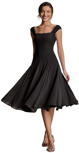 Ever-Pretty Robe Cocktail Élégante Col Carrée Manches Cape Crêpe Midi Coupe Trapèze Noir 42