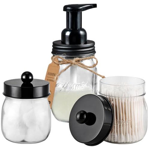 SheeChung Bathroom Accessories Set - Mason Jar Foaming Hand Soap Dispenser, Qtip Holder Set, Rustic Farmhouse Decor, Apothecary Jars, Bathroom Countertop Organizer - Black