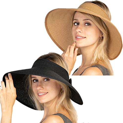 FENDISI Women Sun Visor Hats Beach - Foldable Roll Up Wide Brim Bowknot Summer Straw Hat Cap Cruise wear for Womens Black&Khaki