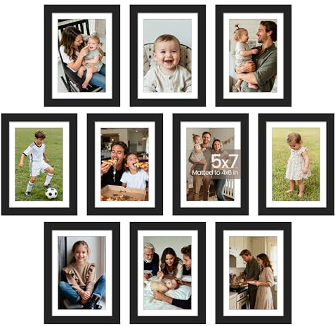 upsimples 5x7 Picture Frame Set of 10, Display Pictures 4x6 with Mat or 5x7 Without, Multi Photo Frames Collage for Wall or Tabletop Display, Black