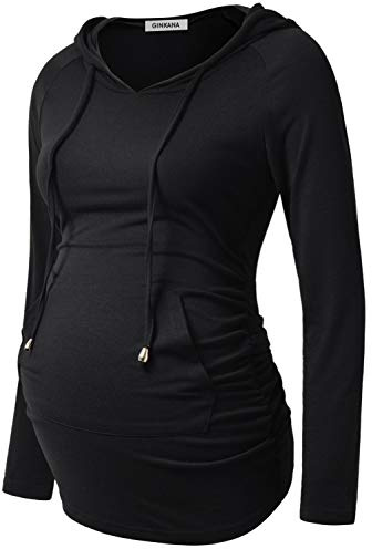 GINKANA Womens Maternity Hoodie Top Sweatshirt Long Sleeve Shirts Pregnancy Tunic Top,Black, Medium