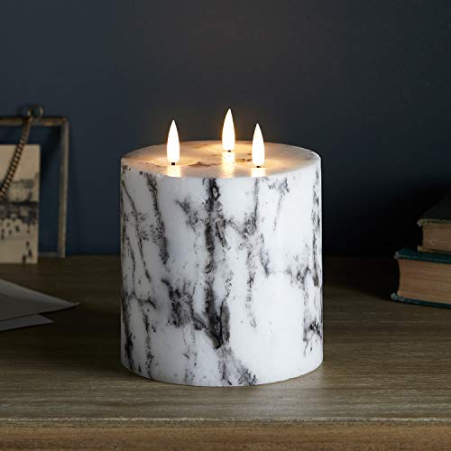 Lights4fun 3 Wick TruGlow® Large Battery LED Flameless Pillar Candle Marble Effect Real Wax Timer 12cm