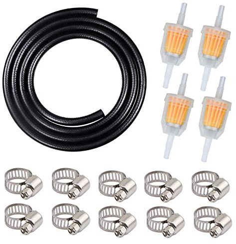 Benzinschlauch Set Schwarz, 2 Meter Kraftstoffschlauch 4mm+4 Stück Benzinfilter +10 Stück Schlauchschellen Edelstahl, Für Auto Motorrad Roller Rasentraktor Motor Dieselleitung