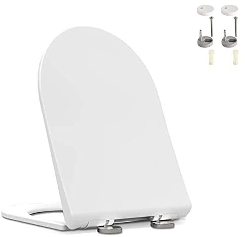 Soft Close Toilet Seat D-Shape, Bottom Fixing, Heavy Duty PP Material Anti-Bacterial Toilet Seats White with Adjustable Plastic Fixings, Toilet Lid Loo Seat