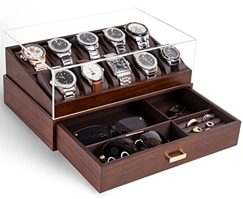 KAMIER Scatola per orologi da uomo, 10 scomparti, con coperchio in vetro, espositore per orologi con cassetto, organizer per orologi a 2 strati, organizer per gioielli e orologi