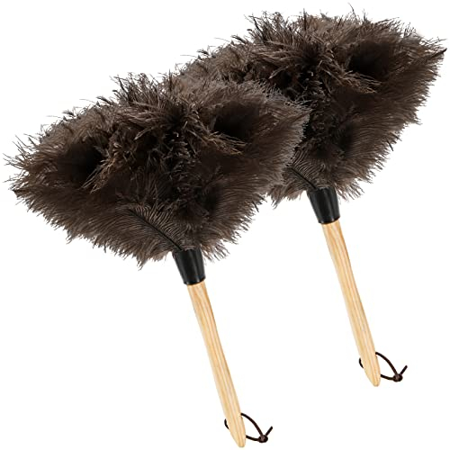 Coloch 2 Pack Ostrich Feather Duster with Wood Handle, Natural Fluffy Feather Duster Reusable Handmade Cleaning Dusters for Home, Living Room, Office, Car Cleaning (Brown, Air Out Before Use)