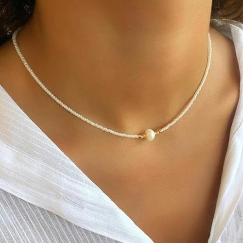 COJJ-18K Naturperlen-Choker-Halskette, weißer Perlen-Charm, natürliche Süßwasserperlen-Halskette (weiß)