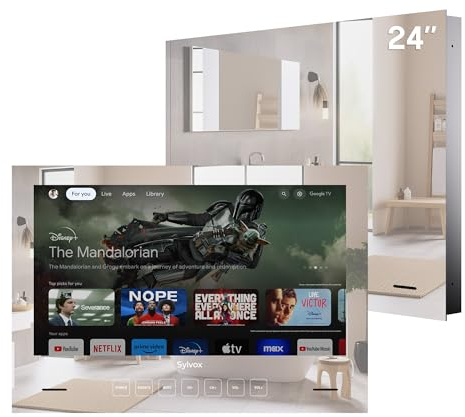 SYLVOX Spiegel Fernseher für Bad 24 Zoll, IP65 Wasserdichter | Google TV 1080P | 60Hz | Hotspot & WiFi|500 Nits Helligkeit Doppelte Frontlautsprecher, 12V Smart TV für Hotel Gym Sauna(Eingebettet)