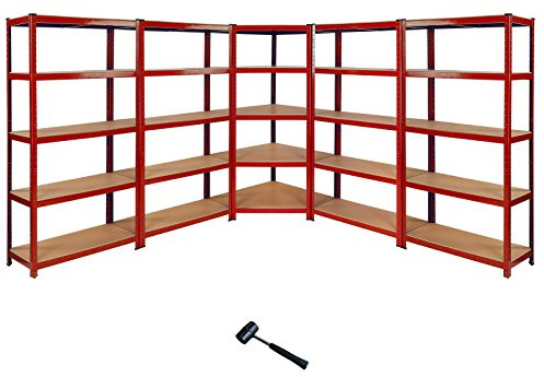5 x Robusta Röda Hörnhyllor 5 Hyllplan Hörnhylla Garagehyllor Hyllor Verkstadshylla Verkstadshyllor Garage Garagehyllor Förvaring Lager Lagerhyllor MDF Bultfritt Legerat Stål + GRATIS Gummiklubba