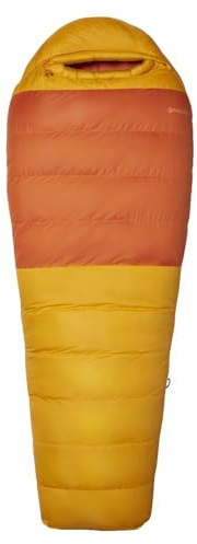 Marmot Lost Coast 5, Saco de dormir tipo momia para adulto, relleno de pluma de 600+, ligero y cálido, plegable, 183 cm, hasta -40°, Golden Sun/Tangelo, 183 cm