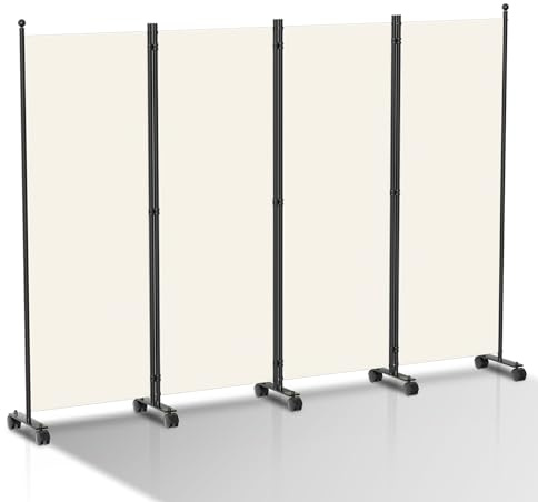 Cecaylie Paravent - Divisorio su rotelle, 228 x 181 cm, 4 pezzi, pieghevole e portatile, divisorio per la privacy per ufficio, cucina, terrazza, beige