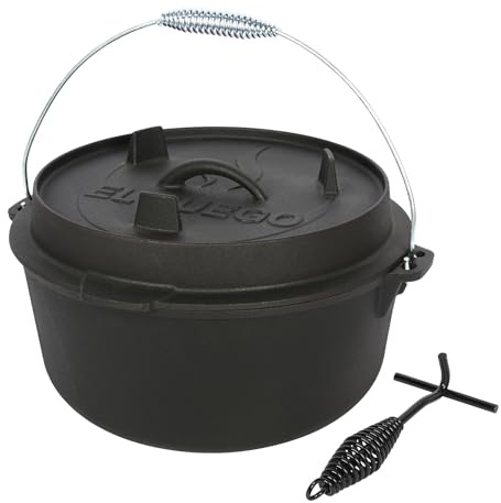 Dutch Oven 13,6 Liter von El Fuego®, 100% Gusseisen, inkl. Schürhaken und Tragebügel, Camping & Outdoor