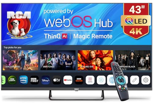 RCA Web OS TV 43-inch QLED 4K UHD Smart TV, MEMC HDR10 ThinQ AI, Voice Magic Remote Dolby Audio