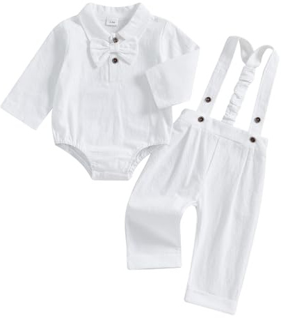 MAHUAOYIXI Newborn Baby Boy Gentleman Suit 0-24M Toddler Infant Boys Fall Winter Outfit Lapel Neck Long Sleeve Rompers Shirts With Bow Tie and Elastic Waist Suspender Pants (White, 6-9 Months)