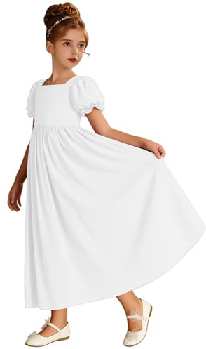 Ztikolen White Flower Girl Dress for Wedding Long Chiffon First Communion Dresses A Line Confirmation Gown Short Sleeve Christening Baptism Gowns US8