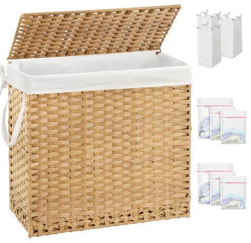 SETVSON Laundry Hamper with Lid Laundry Basket 132 L (35 Gal) Wicker Clothes Hamper, Handwoven Rattan Hamper with Handles and 4 Removable Liner Bags, 6 Mesh Bags for Laundry Bedroom Natural