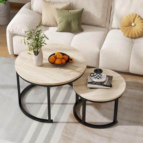 FOUBAM Couchtisch Rund, 2er Set Sofa Couchtisch Industrial Style, verschachtelte Beistelltische aus Metall und Holz, Vintage Sofa Tisches, Metall Satztisch 2er Set 50 und 70 cm Oak