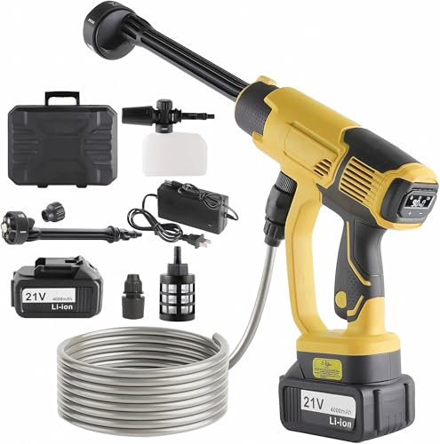 Idropulitrice a Batteria, 21V Max 60Bar Idropulitrice Portatile con 1x 4000mAh, 3 Velocità Regolabili, Display LCD Della Potenza, 6 IN 1 Ugello, Tubo da 5M e Vaso di Schiuma (con 1 Batteria)