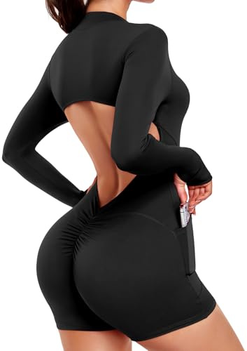 STARBILD Women's Short Jumpsuit with Pockets Backless V Scrunch, Long Sleeve with Thumb Holes, Front Zip Playsuits Cutout Back, One Piece Rompers Booty Lift with Removable Pads, Essential Black S