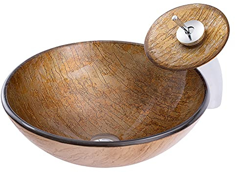 PUFAHAU Lavandino da Bagno, Lavabo in Vetro Temperato, Lavabo da Appoggio Rotondo Marrone, Lavabo da Appoggio sopra Il Piano, Lavabo Artistico con Rubinetto A Cascata, Scarico A Scomparsa